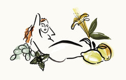 Illustration of nude woman lying down with fruit and flowers around her.